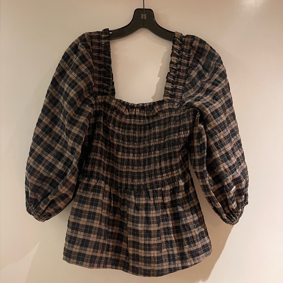 GANNI Checked Seersucker puff-sleeve blouse size EU 40 - Picture 4 of 8